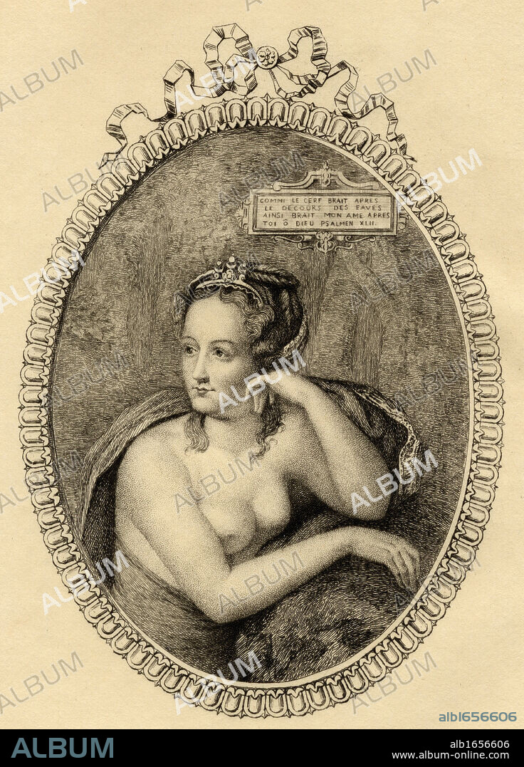 Diane de Poitiers, 1499-1566. French mistress of king Henri II of France.From the original etching by Mercier. From the book ' Lady Jackson's Works, V. The Court of France, I' Published London 1899.