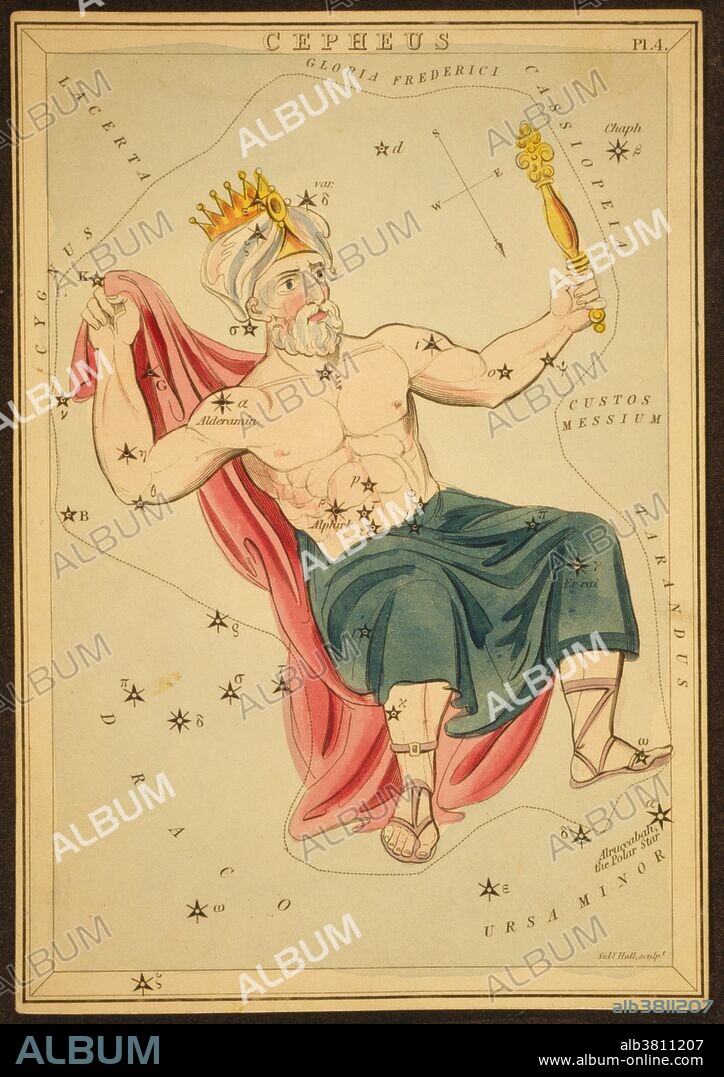 Astronomical chart showing a man in seated posture forming the constellation. Cepheus is a constellation in the northern sky. It is named after Cepheus, King of Aethiopia in Greek mythology. It was one of the 48 constellations listed by the 2nd century astronomer Ptolemy, and remains one of the 88 modern constellations. Urania's Mirror is a boxed set of 32 constellation cards first published by Samuel Leigh of the Strand, London, in or shortly before 1825. An unidentified lady, referred to by her nom-de-plume, Jehoshaphat Aspin, designed these whimsical astronomy cards. The engraver was Sidney Hall.
