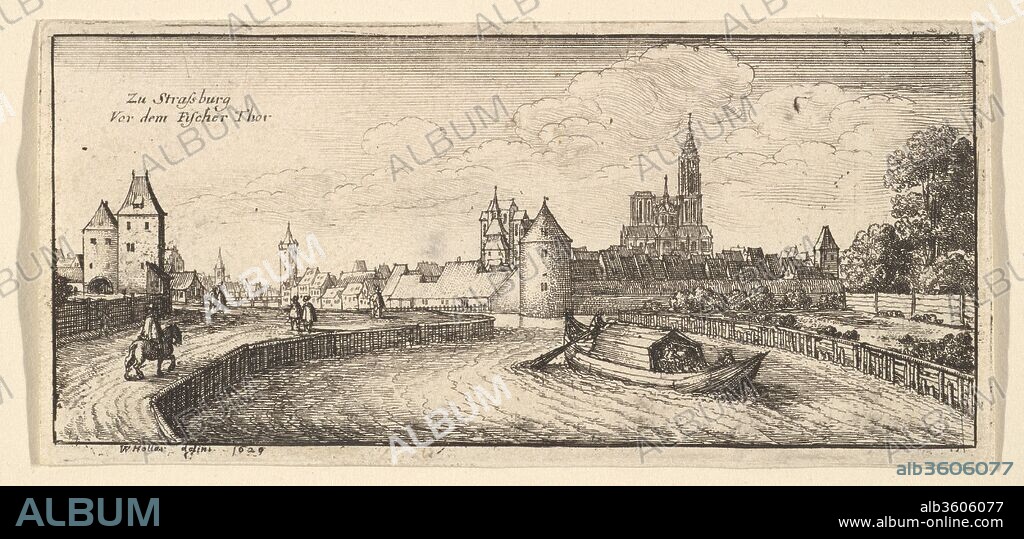 Strasbourg. Artist: Wenceslaus Hollar (Bohemian, Prague 1607-1677 London). Dimensions: Sheet: 2 1/8 × 4 1/2 in. (5.4 × 11.4 cm). Series/Portfolio: German Views, Twelve plates. Date: 1663-65.
View of Strasbourg from the river; barge with cabin approaching in foreground; rider and figures on foot on a road on the left bank; city wall with tower in background, cathedral beyond.