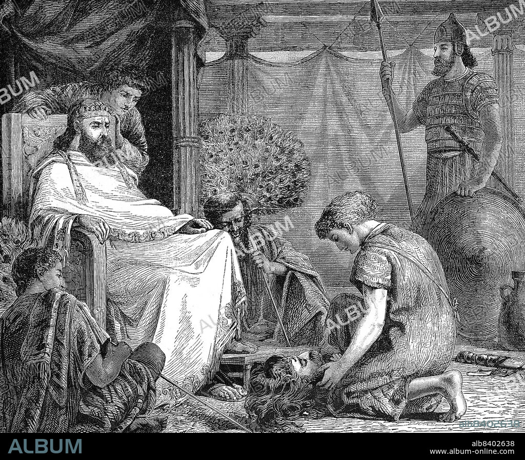 David and Goliath, David presents Saul Goliath's head, David and Goliath, Historic, digitally restored reproduction of a 19th century original, exact original date unknown