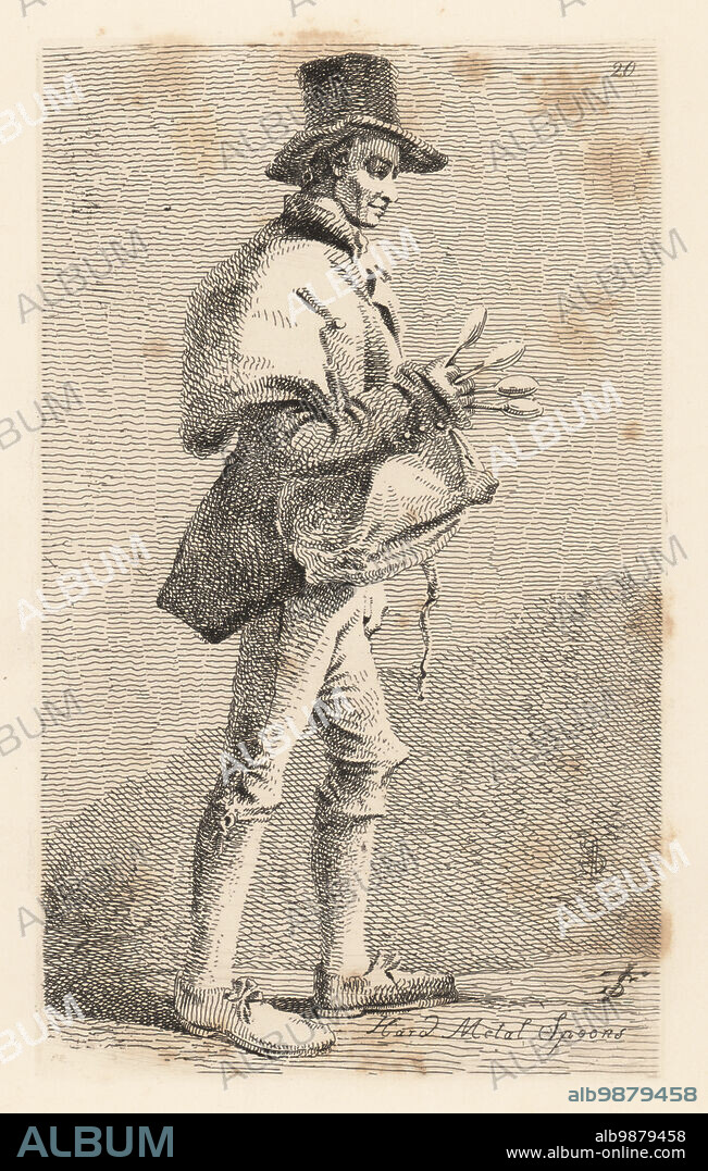 William Conway, second-generation itinerant spoon seller of Crab Tree Row, Bethnall Green. Born in 1752, drawn from life in 1819. In top hat with leather bag of old and new spoons. Shoes made of upper leather from old boots. Hard metal spoons to sell or change. Copperplate engraving drawn and engraved by John Thomas Smith from his own The Cries of London, or Vagabondiana 2, edited by Francis Douce, John Bowyer Nichols, London, 1839.