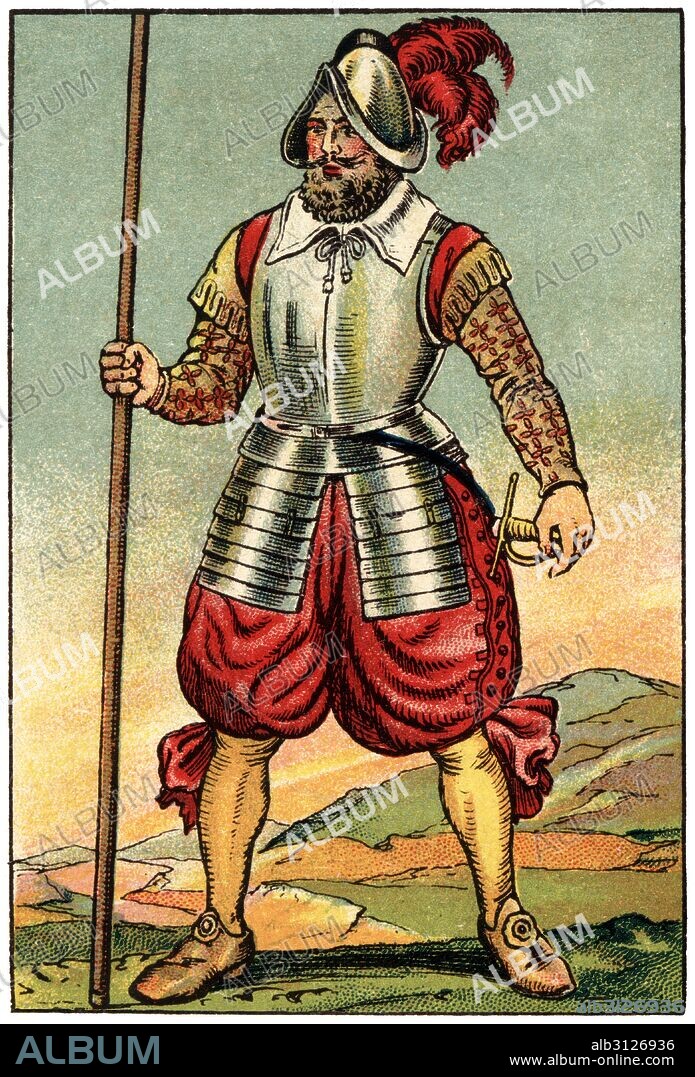ALBERT MESTRE MORAGAS. Traje de guerrero picador usado en la guerra de los 30 años en Flandes. Cromo de Chocolates Juncosa. Años 1920.