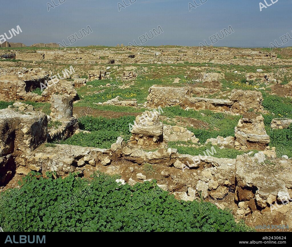Syria, Dura-Europos (Tell Salihiye). Ancient city, Hellenistic, Parthian and Roman. It was founded about 300 BC and abandoned in 256-257 AD. Ruins of the agora. Historical photo. It was looted and mostly destroyed between 2011 and 2014 by the Islamic State during the Syrian Civil War.