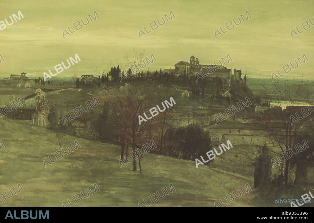 The Aventine from the Palatine, Walter T. Crane, British, 1845-1915, Opaque watercolor on wove paper, Italy, February 19, 1873, 11 1/2 x 17 1/4 in., 29.2 x 43.8 cm, church, Collis Aventinus, Collis Palatinus, European, green, hill, houses, landscape, opaque watercolor, painting, Roma, Rome, Santa Sabina, sky, town, trees, watercolor, watercolour, winter.