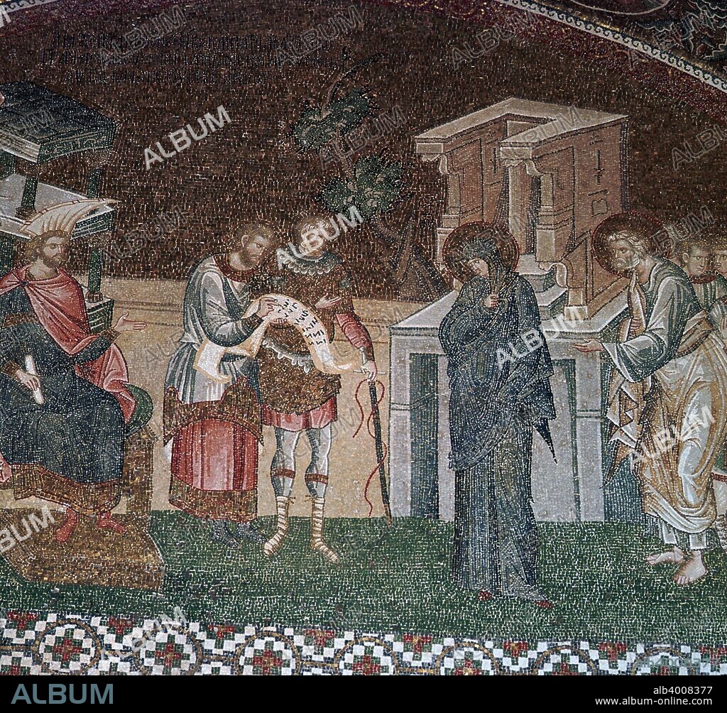 Religious mosaic of the taking of the census for taxation, with Mary and Joseph before Cyrenius I,  a scribe and an officer, from the Church of St Saviour in Chora, 14th century.