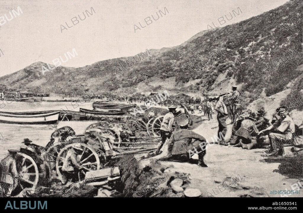 Australian troops on Anzac Cove Gallipoli Peninsula Turkey 1915 From The War Illustrated Album deLuxe published London 1916.