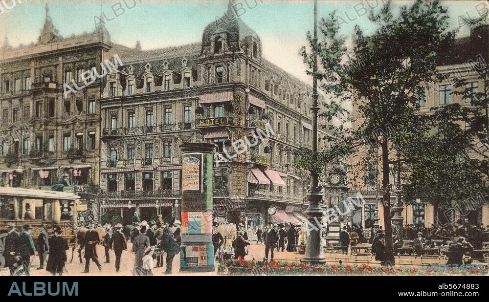 Berlin-Mitte, Cafe Bauer, Unter den Linden / Ecke Friedrichstrasse. Außenansicht. Fotopostkarte, koloriert, 1903. Berlin, Sammlung Archiv für Kunst und Geschichte.