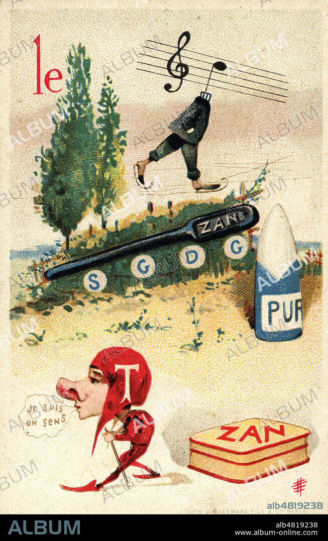 Le reglisse Zan est garanti pur sucre, goutez-en. Le - re glisse - Zan - haie - garanti - pur sucre - gout T - Zan. Rebus vers 1895. Credit : Collection KHARBINE-TAPABOR.