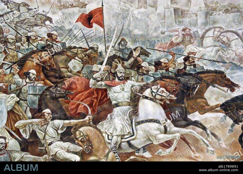Uprising against the Ottoman Empire. Memorial wall dedicated to Pepe George Kastrioti Skanderbeg (1405Ð1468).  National hero and a key figure of the Albanian National Awakening Battle scene. Albanians fight against the Ottomans. National Skanderbeg Museum. Kruje. Albania.