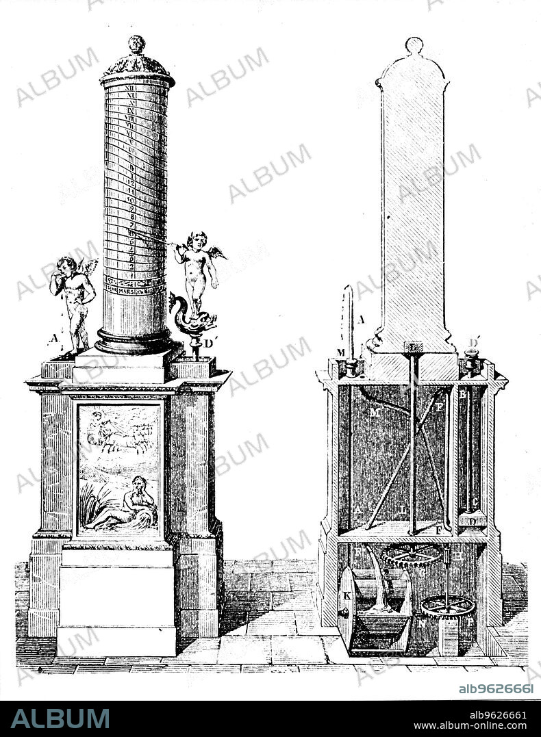 Reconstruction of a clepsydra (water clock), invented by Ctesibius of Alexandria, c270 BC (1857). Ctesibius (fl270 BC) was an inventor and mathematician who initiated a tradition of great engineers in ancient Alexandria. None of his writings have survived, and his inventions are only known about from references to them made by others. This clock worked by water dripping at a constant rate and raising a float with a pointer. It was only superseded in terms of the accuracy of its timekeeping in the 17th century when Christiaan Huyghens showed how the pendulum could be applied to clocks.