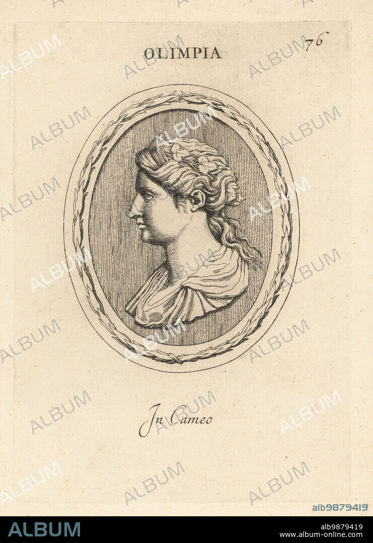 Bust of Olympias, eldest daughter of king Neoptolemus I of Epirus, and mother of Alexander the Great. In diademata and crown of vine leaves and serpents, worn by Macedonian woman for Bacchic and Orphic rites. Olimpia. In cameo. Copperplate engraving by Giovanni Battista Galestruzzi after Leonardo Agostini from Gemmae et Sculpturae Antiquae Depicti ab Leonardo Augustino Senesi, Abraham Blooteling, Amsterdam, 1685.