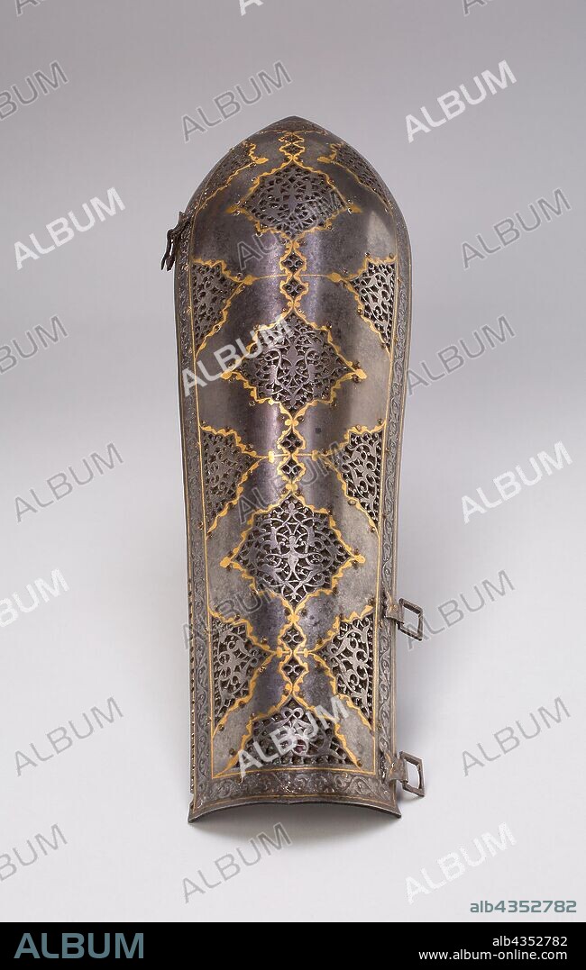 Arm Guard (Bazuband) from Suit of Armor, 18th century, Iran, Iran, Steel inlaid with gold, with engraved and pierced decoration, 34.5 × 10.2 × 3.8 cm (13 3/4 × 4 × 1 1/2 in.).