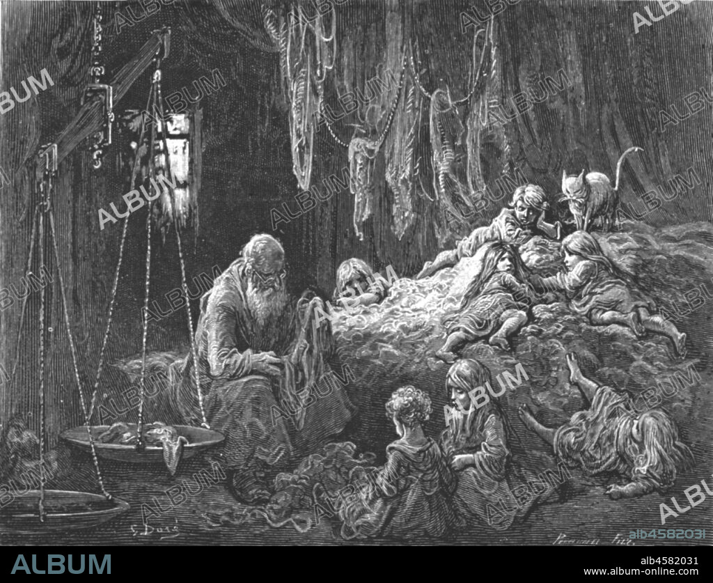 PAUL GUSTAVE DORÉ. 'The Rag Merchant's Home-Coulston Street, Whitechapel', 1872. A rag mean measures cloth on Goulston Street in London's East End.  From, "LONDON. A Pilgrimage" by Gustave Dore and Blanchard Jerrold. [Grant and Co., 72-78, Turnmill Street, E.C., 1872].