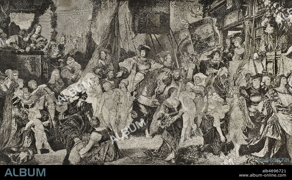 Charles V (1500-1558). Holy Roman Emperor and Archduke of Austria (1519-1556), king of Spain (1516-1556) and Lord of the Netherlands as titular Duke of Burgundy (1506-1555). Entry of Emperor Charles V into Antwerp in 1520. Engraving after a painting by Hans Makart (1840-1884). La Ilustración. Revista Hispano-Americana, 1884.