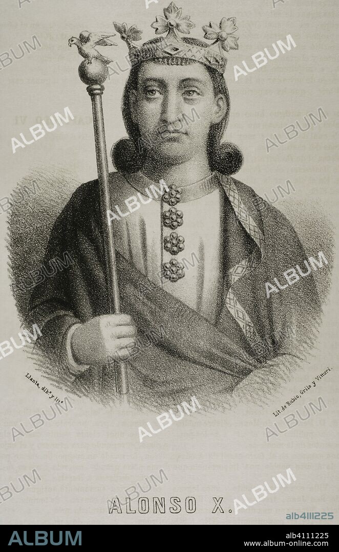 Alfonso X of Castile (1221-1284), called The Wise. King of Castile, Leon and Galicia. Drawing by Santiago Llanta. Lithography. Cronica General de Espa–a, Historia Ilustrada y Descriptiva de sus Provincias. Castilla-La Nueva, 1869.