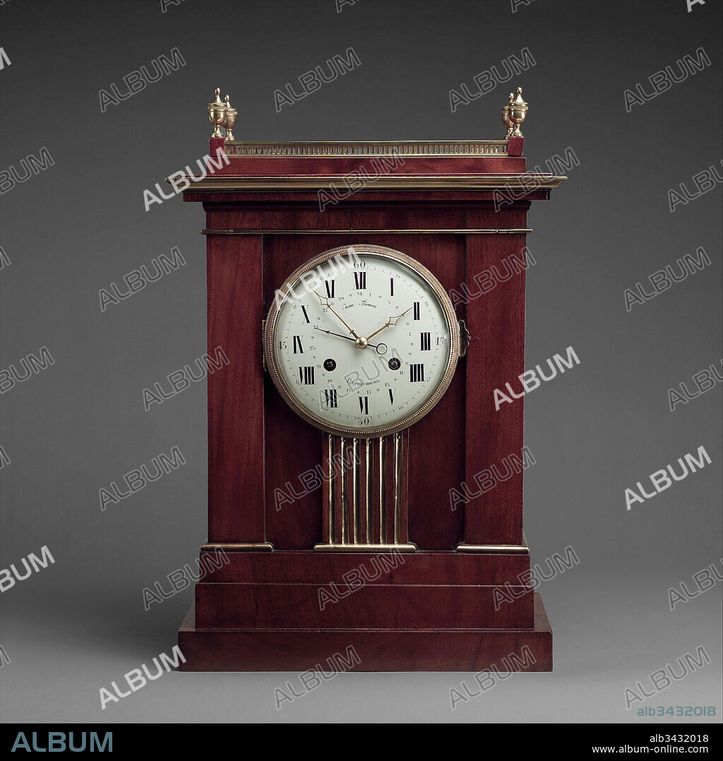 Clock, Workshop of David Roentgen (German, Herrnhaag 1743–1807 Wiesbaden, master 1780), Movement attributed to Elie Prudhomme (German, born Switzerland, first mentioned 1776), ca. 1780–90, German, Neuwied am Rhein, Oak, pine, and mahogany, veneered with mahogany; brass, gilt bronze and enamel, Overall: 18 1/4 × 12 1/2 × 8 1/4 in. (46.4 × 31.8 × 21 cm), Horology, Workshop of David Roentgen (German, Herrnhaag 1743–1807 Wiesbaden, master 1780, Movement attributed to Elie Prudhomme (German, born Switzerland, first mentioned 1776), Its severe architectural form and restrained detailing make the case of this clock as imposing as a classical building or monument. Very much in the Roentgen style is the use of finely grained mahogany veneer, applied in a single sheet from the frieze at top down to the base, combined with brass inlay and gilt-bronze mounts.