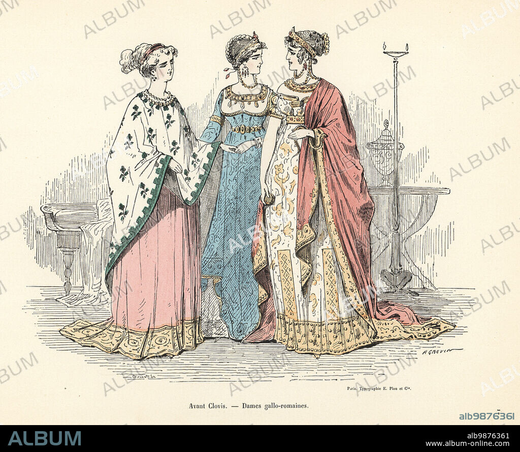 Costumes of Gallo-Roman women of the era before King Clovis I, 5th century. They wear cloaks over long embroidered dresses, diadems and necklaces. Theatrical or fancy-dress costumes. Avant Clovis: Dames gallo-romaines. Handcoloured engraving by Gilloy after an illustration by Alfred Grevin from Les Filles dEve, Album de travestissements plus ou moins historiques, Typographie Eugene Plon, Paris, 1850.