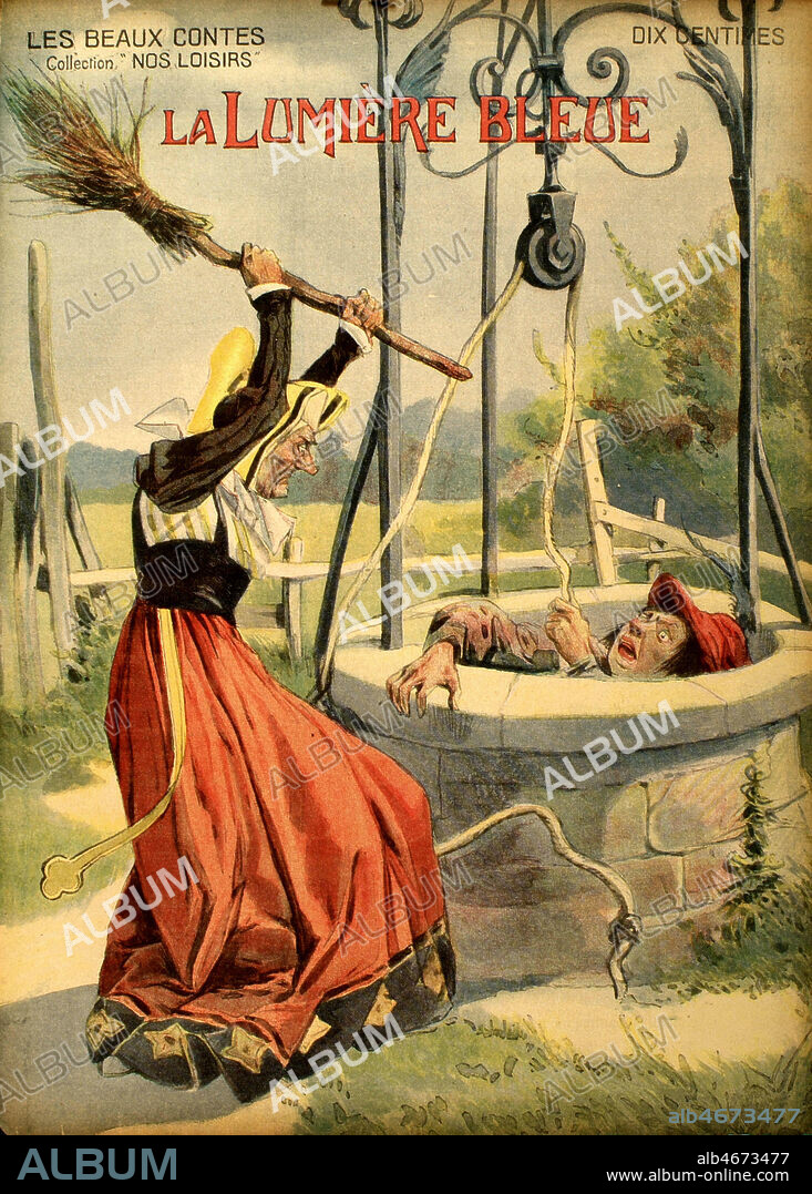 La Lumiere Bleue, Conte des freres GRIMM. Illustration de 1909 de Alfredo Vaccari (1877-1933) pour la couverture de Revue pour enfants Les plus Beaux Contes, de 1910. Credit Collection Grob/Kharbine Tapabor.
