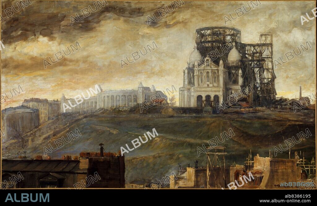 FRANCOIS MARIUS BORREL. Montmartre hill with Sacre-Coeur under construction, c1890.