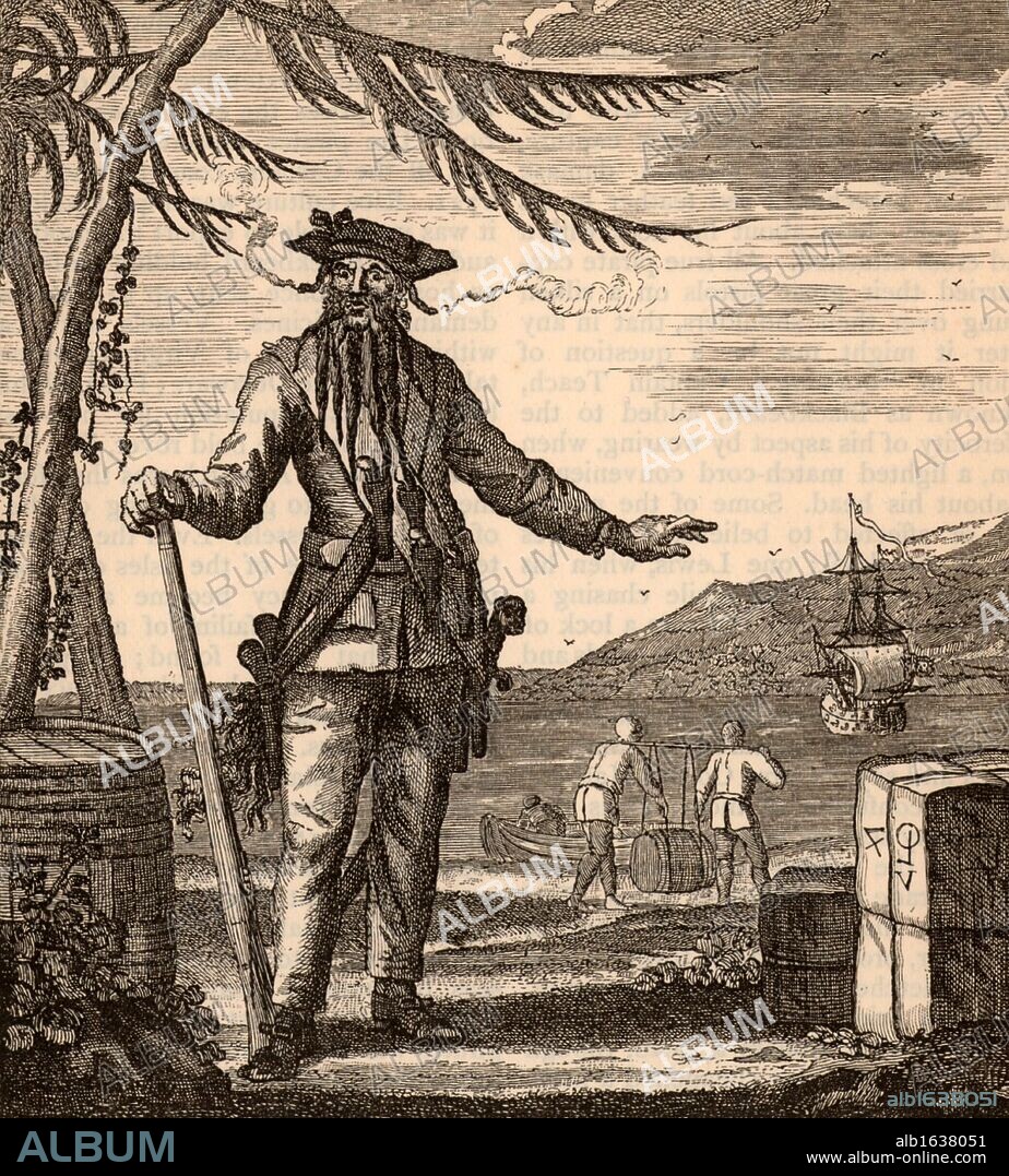 Blackbeard, the popular name of Edward Teach (or Thatch or Drummond - 1680-1718) notorious English pirate who subjected the Carribean Sea to a reign of terror from 1716 to 1718. Engraving.  (Photo by: Universal History Archive/UIG via Getty Images).