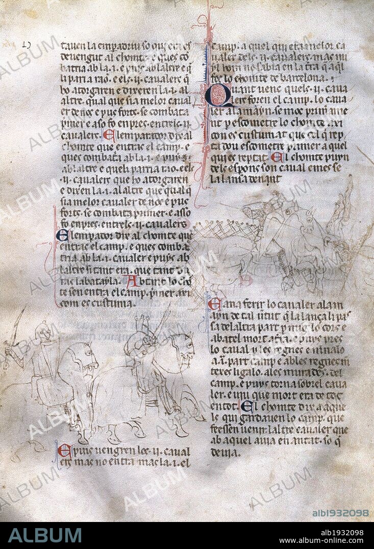 LITERATURA CATALANA. S. XIII-XIV DESCLOT, Bernat. Cronista catalán. Compuso la "CRONICA O LLIBRE DEL REY EN PERE I DELS SEUS ANTECESSORS PASSATS... ". Manuscrito del siglo XIII, folio 140, dedicado al reinado de Pedro el Grande II de Cataluña, III de Aragón. Biblioteca de Cataluña. Barcelona. España.