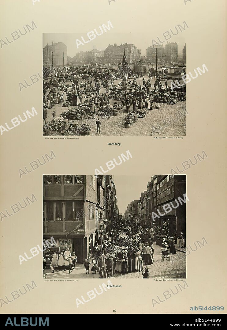 Wilhelm Dreesen, Otto Meissner, Messberg and Elbstrasse from the portfolio Neue malerische Bilder aus der Freien und Hansestadt Hamburg und ihrer Umgebung, Staatliche Landesbildstelle Hamburg, collection on the history of photography, paper, collotype, Total: Height: 48,00 cm; Width: 35,00 cm, labeled: recto u. Photographer, Publisher and title, travel photography, architectural photography, city, city view (vedute), market, buying and selling, urban life, streets and squares, street hawkers, department store, supermarket.