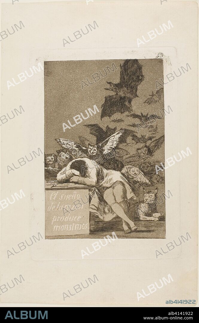 FRANCISCO DE GOYA. The Sleep of Reason Produces Monsters, plate 43 from Los Caprichos. Francisco José de Goya y Lucientes; Spanish, 1746-1828. Date: 1797-1799. Dimensions: 180 x 120 mm (image); 212 x 150 mm (plate); 303 x 198 mm (sheet). Etching and aquatint on ivory laid paper. Origin: Spain.
