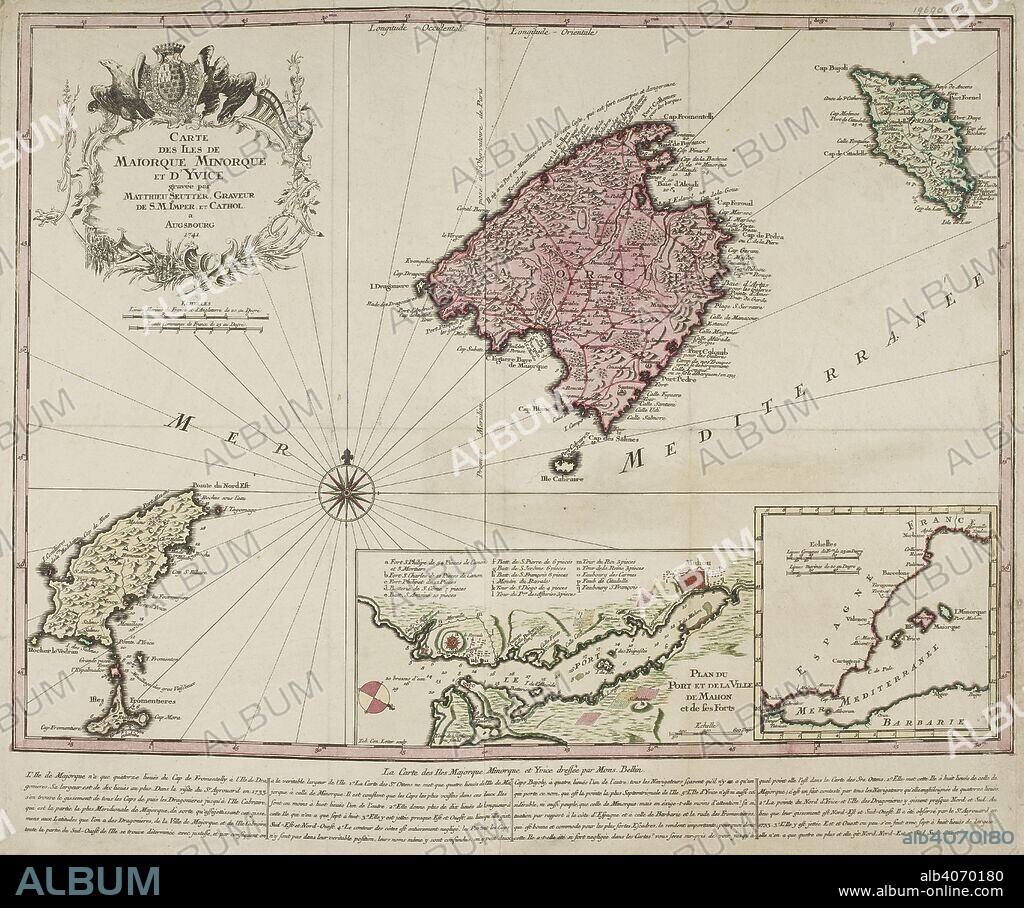 M BELLIN. Decorative map representing the Balearic islands, Minorca, Majorca, and Ibiza. With 2 insets and an ornamental title cartouche. . Carte des Isles de Maiorque, Minorque et d'Yvice. DressÃ©e par M. Bellin. 1741. Source: Maps*19690.(1). Language: French.
