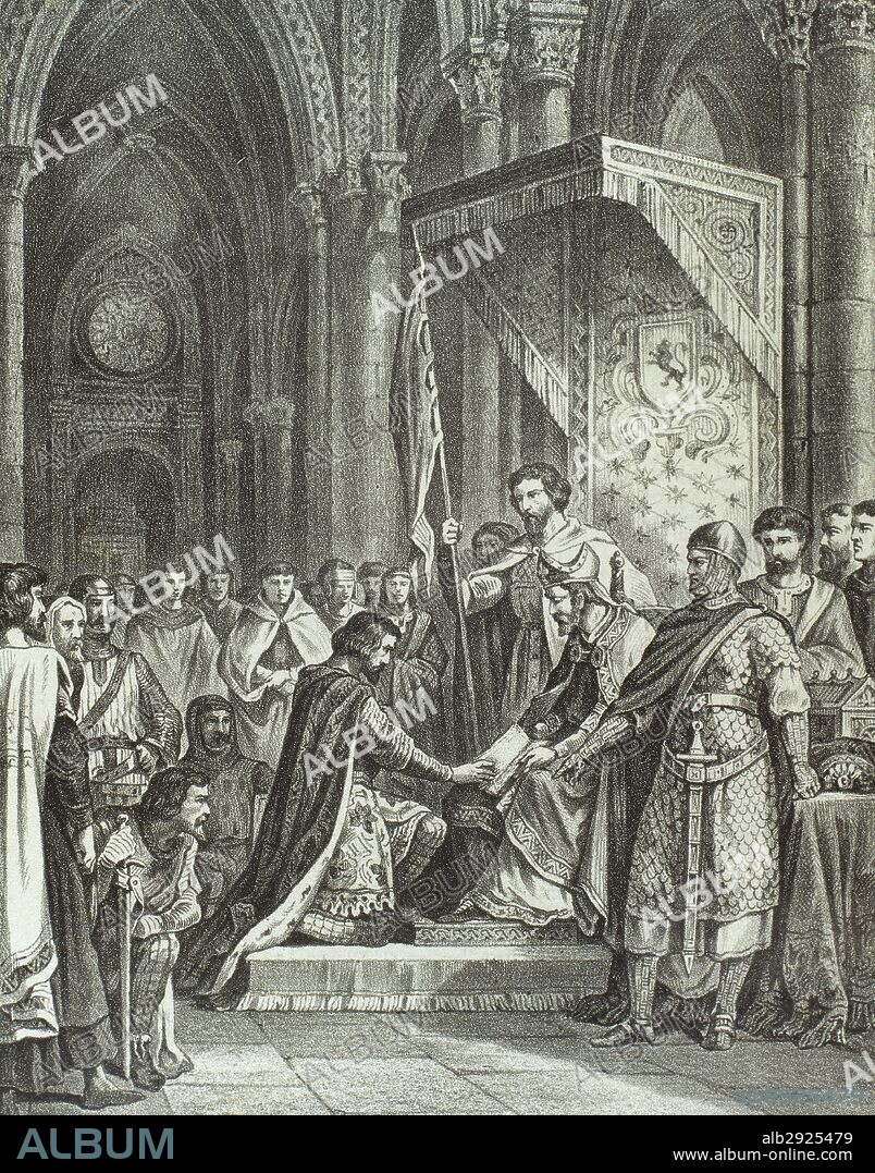 Alfonso VI (1040-1109), the Brave. King of Leon, Castile and Galicia. Oath of Santa Gadea, 1072. Alfonso VI and El Cid. Engraving in History of Spain, 19th century.
