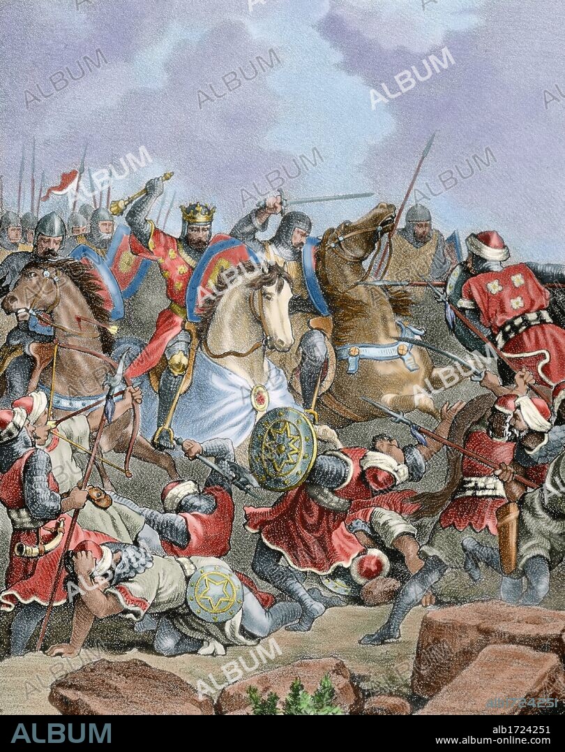 HISTORIA DE ESPAÑA. CORONA DE CASTILLA-S. XIV. "BATALLA DEL SALADO". Nombre dado a la victoria obtenida el 30 de octubre de 1340 por las huestes de ALFONSO XI de Castilla, a orillas del río Salado (Cádiz), sobre los BENIMERINES. Apoyaron al monarca tropas portuguesas y naves de la Corona de Aragón. Grabado coloreado del siglo XIX.