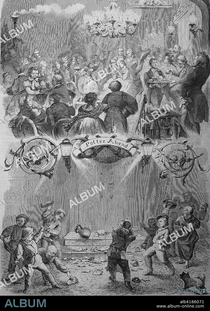 Polterabend is a German wedding custom in which, on the night before the wedding, the guests break porcelain to bring luck to the couple's marriage, here at Hamburg, Germany, illustration from the 19th century.