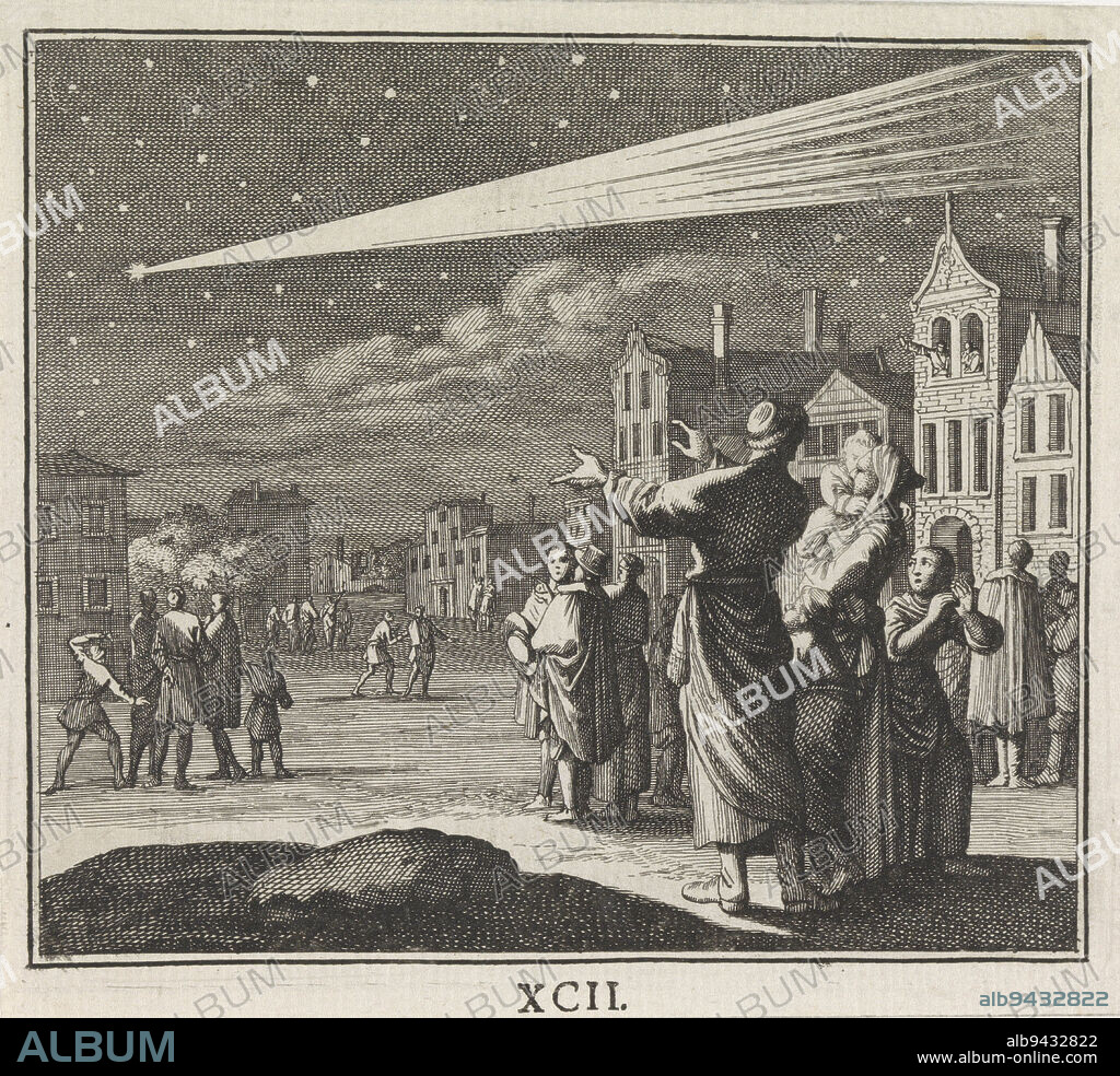 Nighttime street scene. Citizens have taken to the streets to watch a comet pass the earth., Emblem: comet Street scene with a comet in the sky, print maker: Caspar Luyken, publisher: Christoph Weigel, Neurenberg, 1695 - 1705, paper, etching, h 110 mm × w 124 mm.