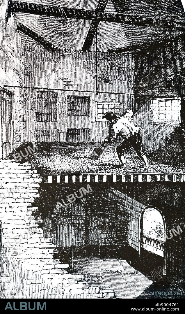 An engraving depicting a Malting kiln, in which the germination of barley was halted. Barley was spread on floor (centre) after steeping and sprouting, and a fire lit in the furnace beneath. 1866.