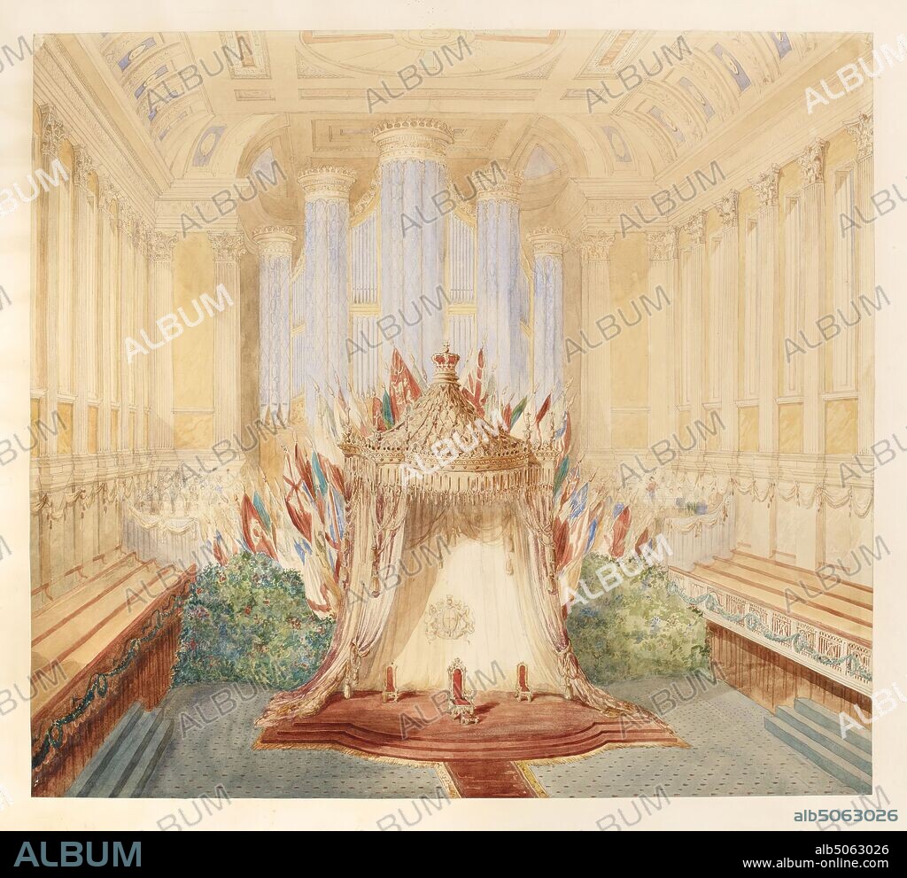 Watercolour in Frame, Interior of Birmingham Town Hall, View of interior of Birmingham Town Hall, showing ornate canopy with drapes, decorated with international flags. Three seats, & royal coat of arms on podium, presumably in preparation for royal visit (Queen Victoria)? Organ & floral displays behind., Topographical Views, Interior design, Birmingham history, Royal, Architecture, Town Hall.
