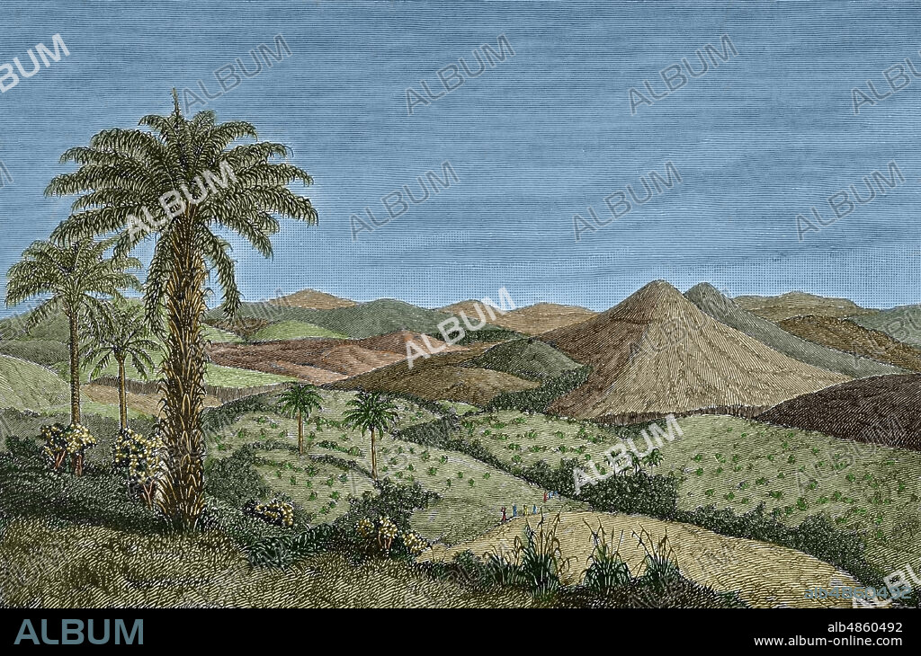 Africa Central. Paisaje. Grabado. Africa Inexplorada, El Continente Misterioso, por Henry Morton Stanley, h. 1887. Coloreado.