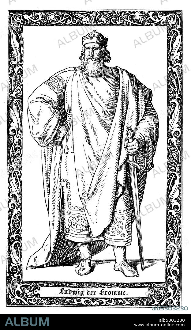 Louis the Pious, also called the Fair, and the Debonaire, was the King of the Franks and co-emperor with his father. Ludwig I. genannt Ludwig der Fromme, Louis le Pieux, 778 - 840., Digital improved reproduction of an illustration from the 19th century.