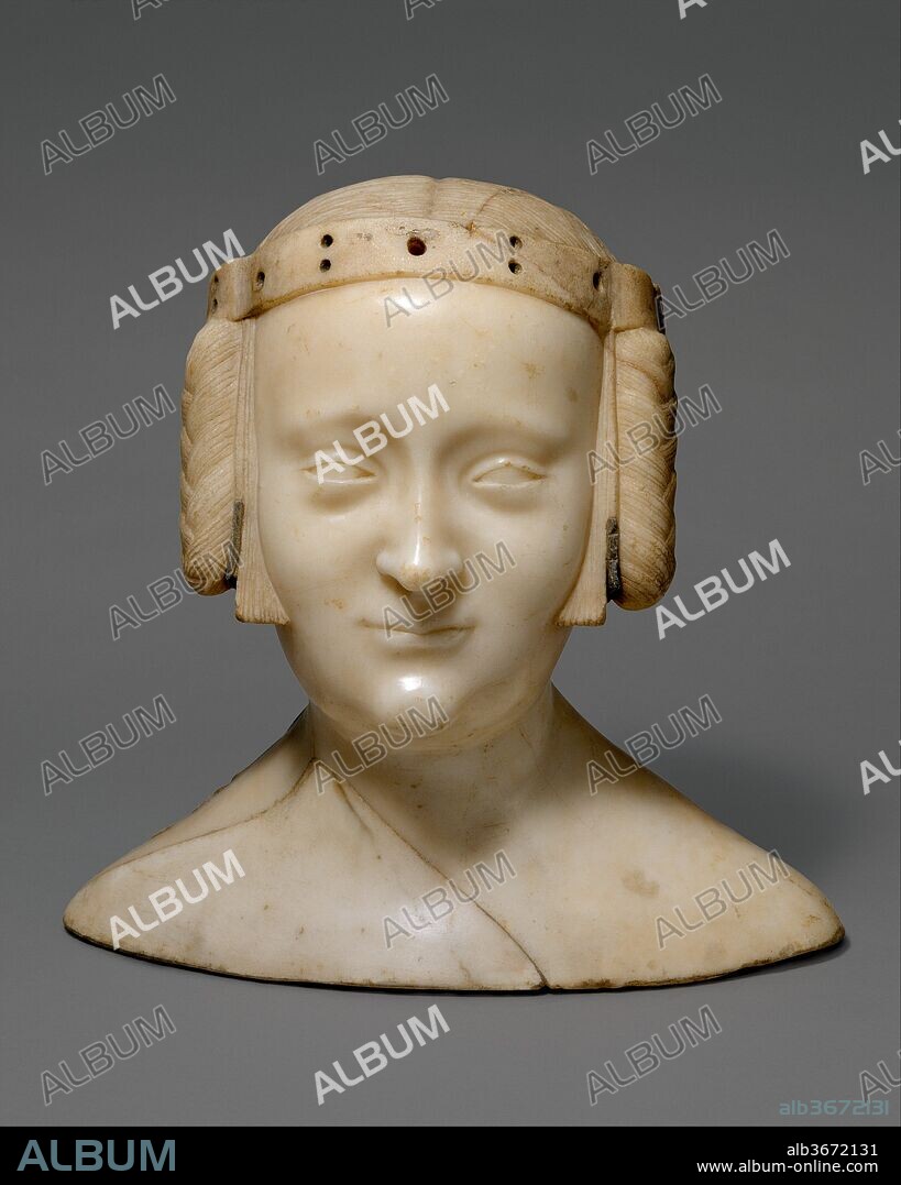 JEAN DE LIEGE. Tomb Effigy Bust of Marie de France (1327-41), daughter of Charles IV of France and Jeanne d'Evreux. Artist: Jean de Liège (Franco-Netherlandish, active ca. 1361-died 1381). Culture: French. Dimensions: Overall (without base): 12 1/4 x 12 3/4 x 6 3/16 in. (31.1 x 32.4 x 15.7 cm). Date: ca. 1381.
The Royal Abbey of Saint-Denis was the burial church for the rulers of France and their families. This elegant image once formed a part of the tomb effigy of the princess Marie de France (1326-1341) and her sister Blanche de France (1328-1393), daughters of Charles IV (1294-1328) and Jeanne d'Evreux (before 1313-1371). Although Marie died young, her effigy was not carved until about 1381 by the court sculptor Jean de Liège. The image here of the tomb is from a drawing made before 1715. Many of the tombs in the abbey were vandalized in the wake of the French Revolution. Originally the head rested upon a stone pillow, and the princess wore a metal crown. Her braided hair is arranged in the courtly fashion contemporary with the carving of the bust.