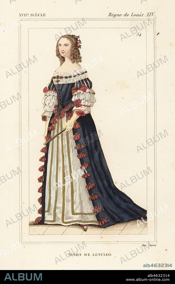 Ninon de Lenclos or Anne "Ninon" de l'Enclos, 1616-1705, French author, courtesan and patron of the young Moliere and Voltaire. Handcoloured lithograph after a miniature in the collection of Louis Marie Lante from Le Bibliophile Jacob aka Paul Lacroix's Costumes Historiques de la France (Historical Costumes of France), Administration de Librairie, Paris, 1852.