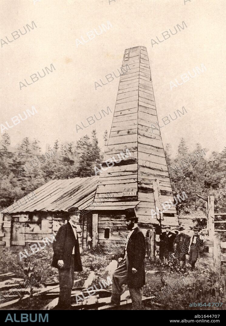 Drake Well, Pennsylvania, USA. Edwin Laurentine 'Colonel' Drake (1819-1880) American oil driller, said to have been the first to drill for oil. Drake, in tall hat in centre of the picture, talking to his engineer while the labourers who have dug the well wait in the background. Oil was struck on 27 August 1859. From "All About Inventions and Discoveries" (London, 1916). (Photo by: Universal History Archive/UIG via Getty Images).