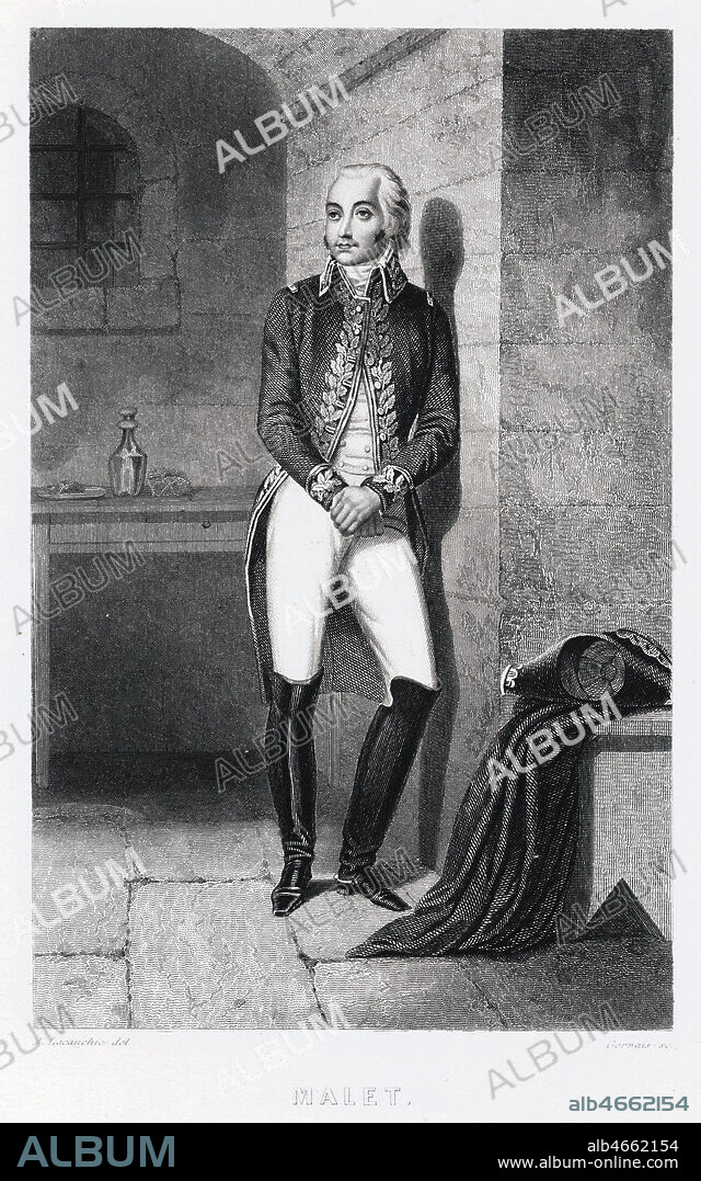 Le general Claude-Francois MALET (1754-1812) en prison apres son coup d'etat contre NAPOLEON 1er. Illustration de 1849 par Alexandre LACAUCHIE (1802-1881) pour Galerie historique de la Revolution francaise par Albert MAURIN (ne en 1802). Credit : Collection Jonas/Kharbine-Tapabor.