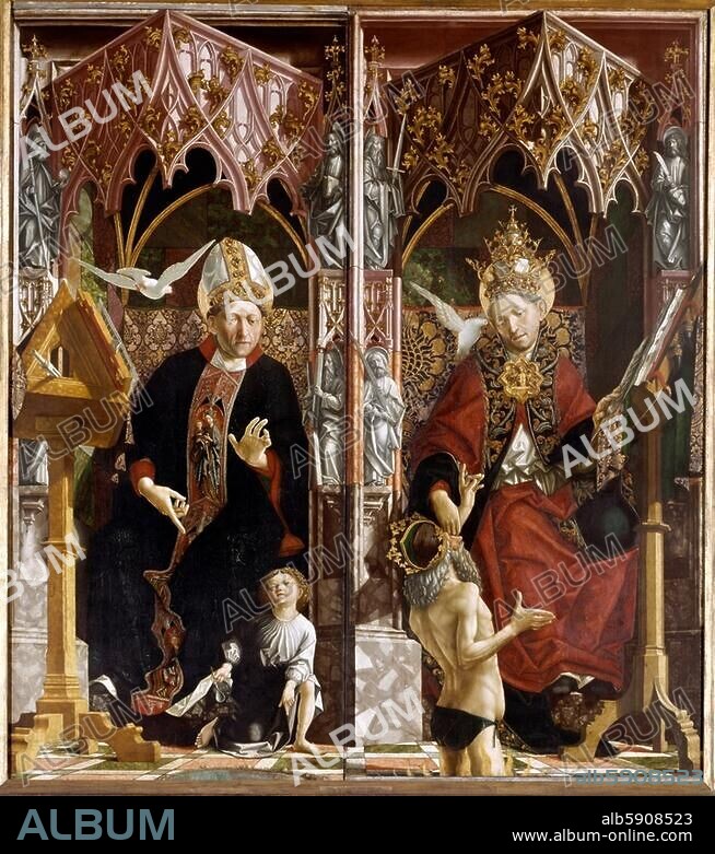 MICHAEL PACHER. Pacher, Michael; um 1435 - 1498. "Der Hl. Augustinus" / "Der Hl. Gregor", um 1480. Vom Kirchenväteraltar, Mitteltafeln, linker und rechter Teil. Aus dem Augustinerchorherrenstift Neustift bei Brixen. Auf Zirbelholz, je 212 × 100 cm. Inv. Nrn. 2597, 2598. München, Alte Pinakothek.