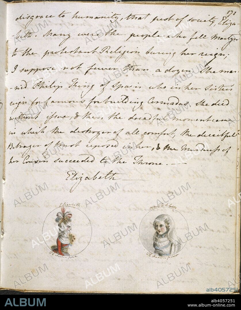 JANE AUSTEN and CASSANDRA ELIZABETH AUSTEN. Elizabeth; Mary, Queen of Scots. History of England [Volume the Second]. England; circa 1790-1793. (Whole opening] Text. The reign of Mary I; with medallion portraits by Cassandra Austen of Queen Elizabeth and Mary Queen of Scots  Image taken from History of England [Volume the Second].  Originally published/produced in England; circa 1790-1793. . Source: Add. 59874, f.86. Language: English.