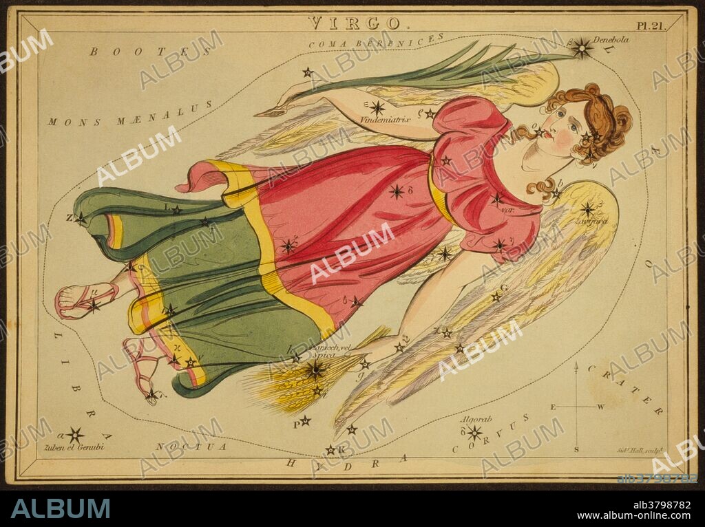 Astronomical chart showing a winged virgin holding wheat in her left hand and a lily in her right hand forming the constellation. Virgo is one of the constellations of the zodiac. Its name is Latin for virgin. It was one of the 48 constellations listed by the 2nd century astronomer Ptolemy, and remains one of the 88 modern constellations defined by the International Astronomical Union. The Greeks and Romans associated Virgo with their goddess of wheat/agriculture, Demeter-Ceres. Alternatively, she was sometimes identified as the virgin goddess Iustitia or Astraea, holding the scales of justice in her hand as the constellation Libra. Virgo is often portrayed carrying two sheaves of wheat. Virgo is the sixth astrological sign in the Zodiac. It spans the 150-180th degree of the zodiac, between 152.75 and 180 degree of celestial longitude, which the Tropical zodiac the Sun transits this area on average between August 23 to September 22 each year. Urania's Mirror is a boxed set of 32 constellation cards first published by Samuel Leigh of the Strand, London, in or shortly before 1825. An unidentified lady, referred to by her nom-de-plume, Jehoshaphat Aspin, designed these whimsical astronomy cards. The engraver was Sidney Hall.