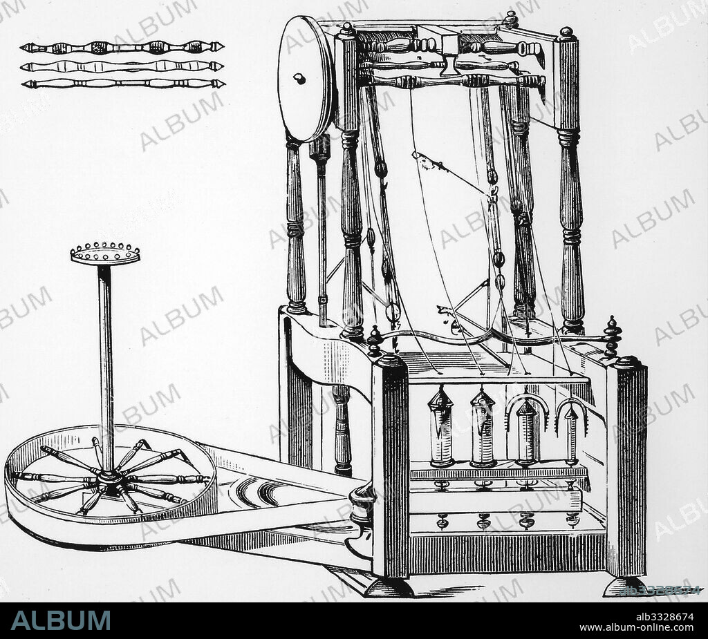 Diagram of Arkwright's water frame; 1878. The water frame is the name given to a water-powered spinning frame which was an easy way to create cotton thread. The first time the machine was used in 1768. It was able to spin 128 threads at a time; which was the easiest and fastest method than ever before. It was developed by Richard Arkwright; who patented the technology in 1767.