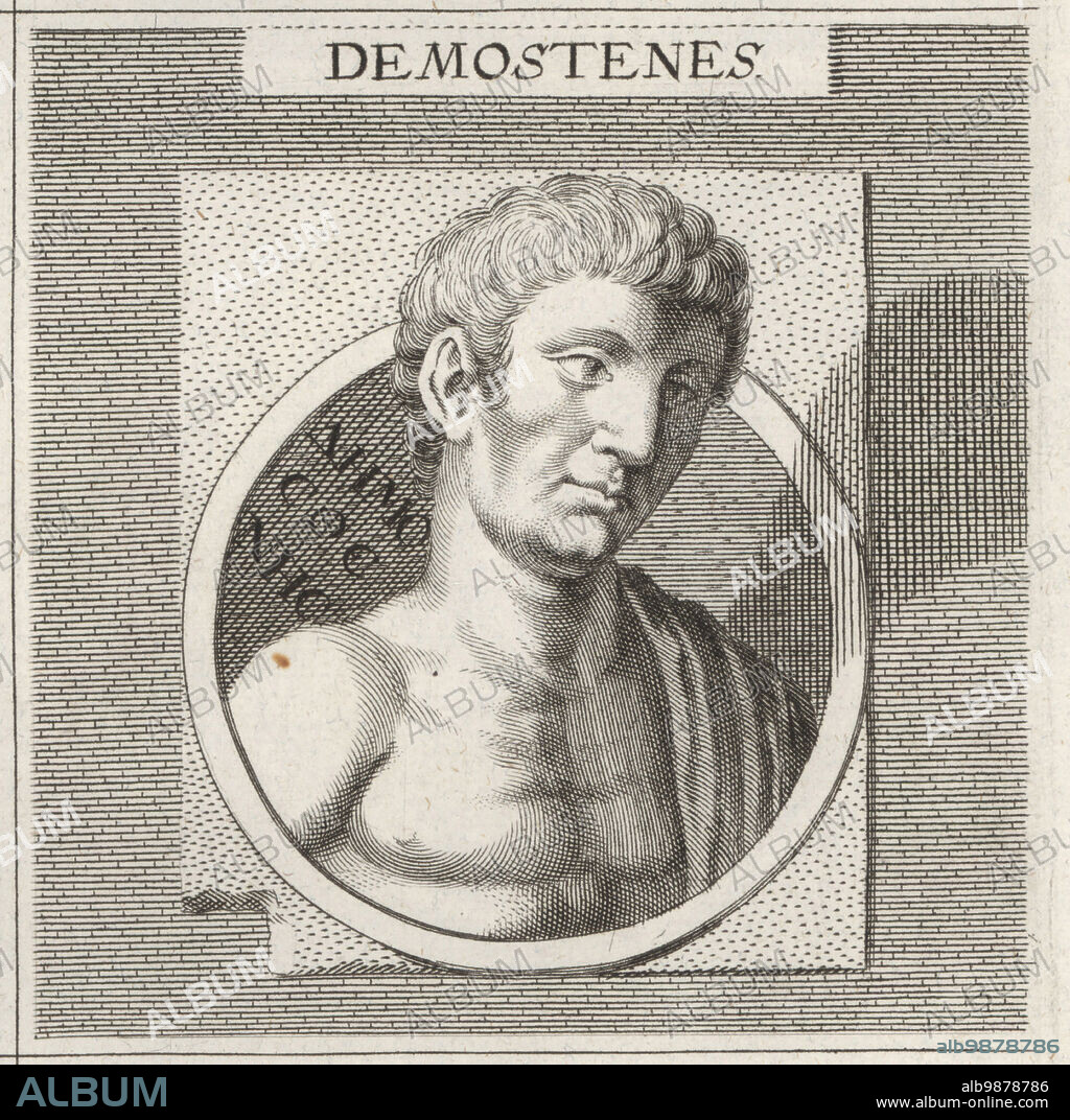 Demosthenes, Greek statesman and orator in ancient Athens, 384-322 BC. One of the most influential rhetoricians in Athens in the 4th century. Demostenes. Copperplate engraving after an illustration by Joachim von Sandrart from his LAcademia Todesca, della Architectura, Scultura & Pittura, oder Teutsche Academie, der Edlen Bau- Bild- und Mahlerey-Kunste, German Academy of Architecture, Sculpture and Painting, Jacob von Sandrart, Nuremberg, 1675.