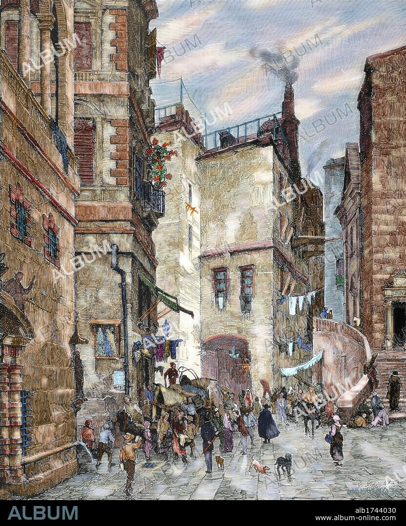 ITALIA. GENOVA. Grabado de SCHONLEBER (siglo XIX) de la calle San Lucas. Coloreado.