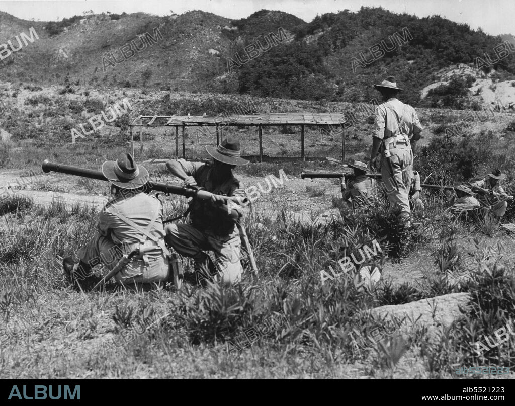 Bazooka teams in training at Haramura, Japan.The British Commonwealth Occupation Force in Japan is being raised to war time strength and 3 Bn Royal Australian Regiment has been training intensively for the type of terrain which will have to be covered in Korea. September 13, 1950. (Photo by Public Relations Section, HQ BCOF, Japan).