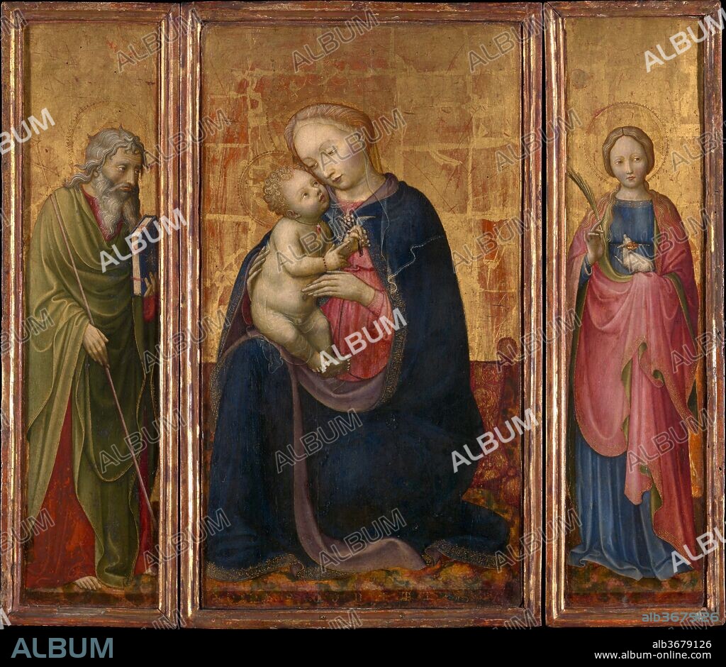 Madonna and Child with Saints Philip and Agnes. Artist: Donato de' Bardi (Italian, Lombard, active by 1426-died 1450/51). Dimensions: Central panel, overall 23 1/2 x 13 1/8 in. (59.7 x 33.3 cm), painted surface 23 1/8 x 12 3/4 in. (58.7 x 32.4 cm); each wing, overall 23 5/8 x 6 in. (60 x 15.2 cm), painted surface 23 1/4 x 5 1/2 in. (59.1 x 14 cm). Date: ca. 1425-30.
Exquisite in facture and delicate in expression, this is the earliest known work by Donato de' Bardi. It is possible that it was painted in Pavia (south of Milan), where Donato would have known the great miniaturist Michelino da Besozzo and where he would have encountered French illuminations. In 1426 he moved to Genoa, where he became the leading painter. A possible patron is Duke Filippo Maria Visconti (1392-1447) and his mistress Agnes del Maino, as their names match those of the two saints appearing on the wings of the triptych. The frame is original.