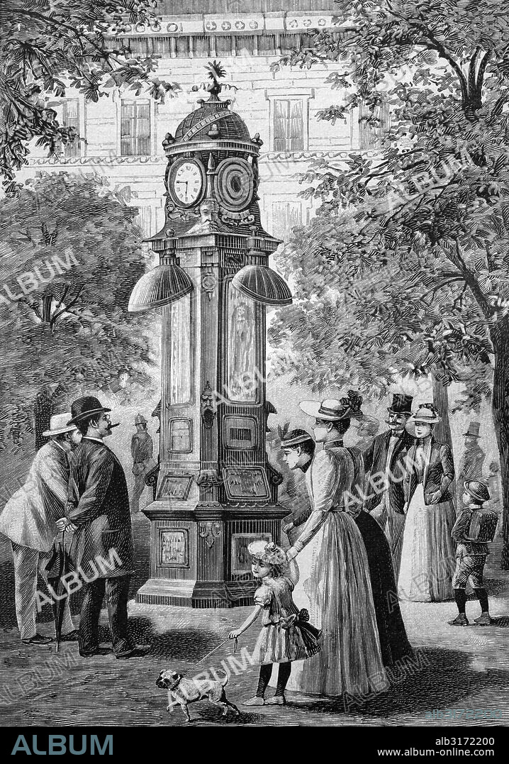 Urania clock column in berlin, germany, historical illustration circa 1893.