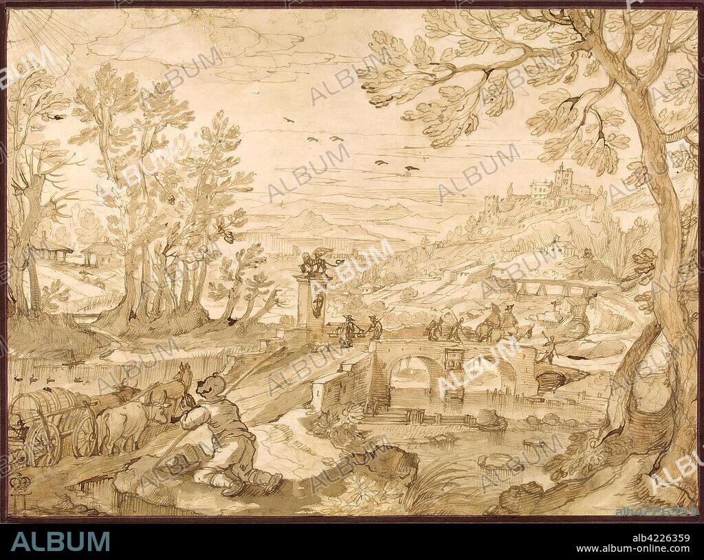 LODEWYK TOEPUT (LODOVICO POZZOSERRATO). 'Landscape with Heracles and the Ox-Driver'. Flanders and Venice, 1598. Dimensions: 20,1x27 cm.